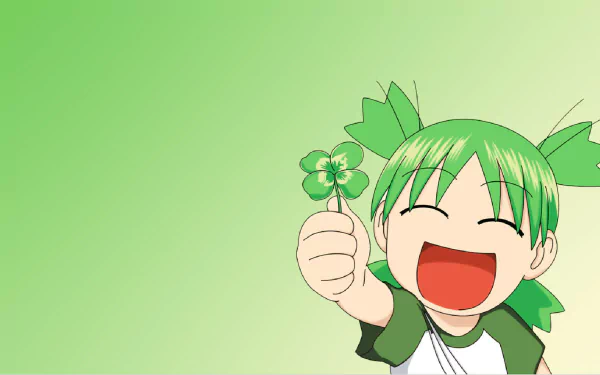 HD anime desktop wallpaper of Yotsuba Koiwai from Yotsuba! smiling and holding a four-leaf clover against a green gradient background.