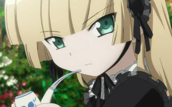 HD anime wallpaper featuring Victorique de Blois from Gosick, with her distinctive green eyes and blonde hair, holding a pipe against a blurred outdoor background.
