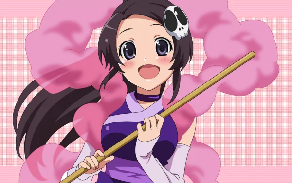Elucia de Lute Ima from The World God Only Knows smiles brightly, holding a stick, surrounded by pink clouds, in this vibrant HD anime desktop wallpaper.