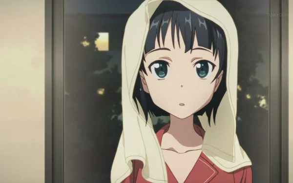 Leafa from Sword Art Online appears in this HD desktop wallpaper, showcasing her inquisitive expression in a serene indoor setting. A blend of anime artistry and character charm.