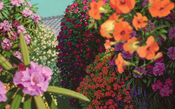 HD PC desktop wallpaper featuring a vibrant, colorful garden scene from the anime Spirited Away, showcasing lush flowers and detailed foliage in bright hues.