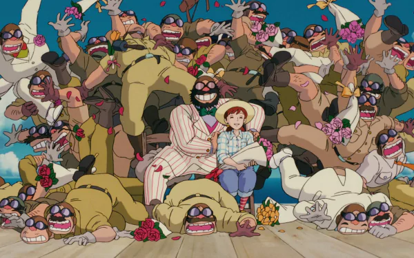 HD Studio Ghibli anime wallpaper featuring Porco Rosso and characters in a lively scene filled with flowers and expressive poses.