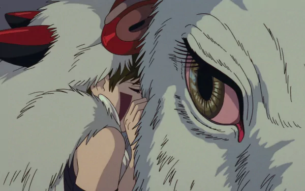 HD anime desktop wallpaper featuring a close-up of Princess Mononoke's eye alongside the character San from the film Princess Mononoke.