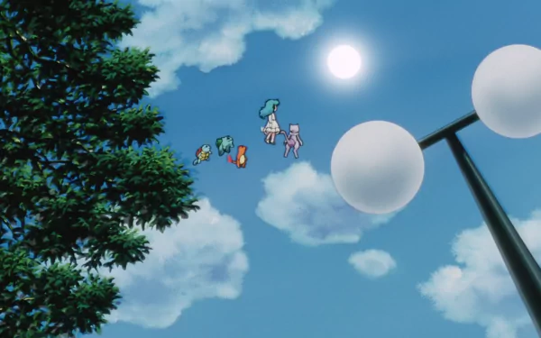 HD desktop wallpaper featuring Mewtwo, Ambertwo, Squirtle, Bulbasaur, and Charmander from Pokémon: The First Movie against a bright blue sky with clouds and lamp posts.