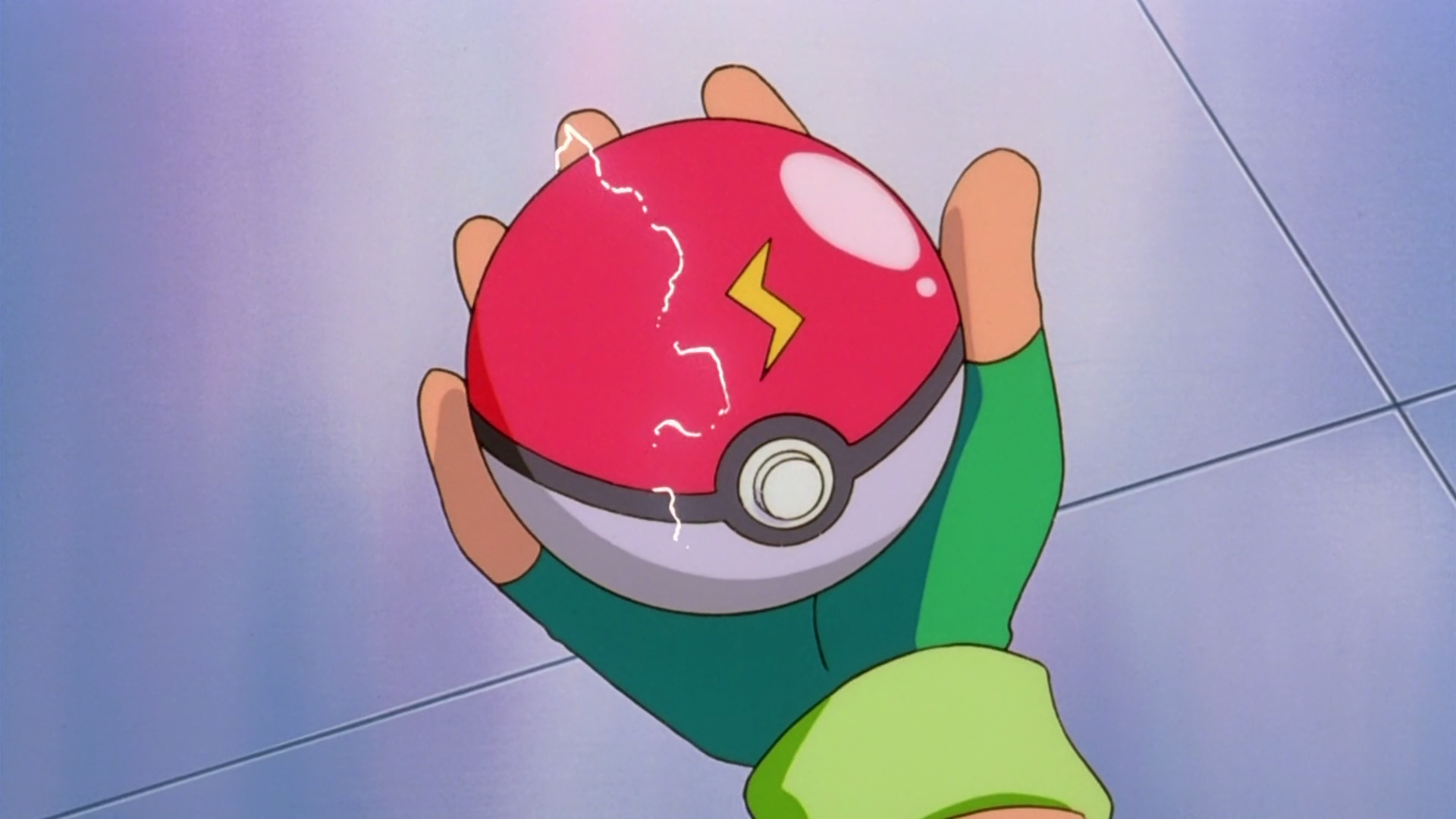 HD PC desktop wallpaper: anime-style close-up of a gloved hand holding a red Poké Ball marked with a yellow lightning-bolt emblem, evoking Pokémon battle-ready energy.