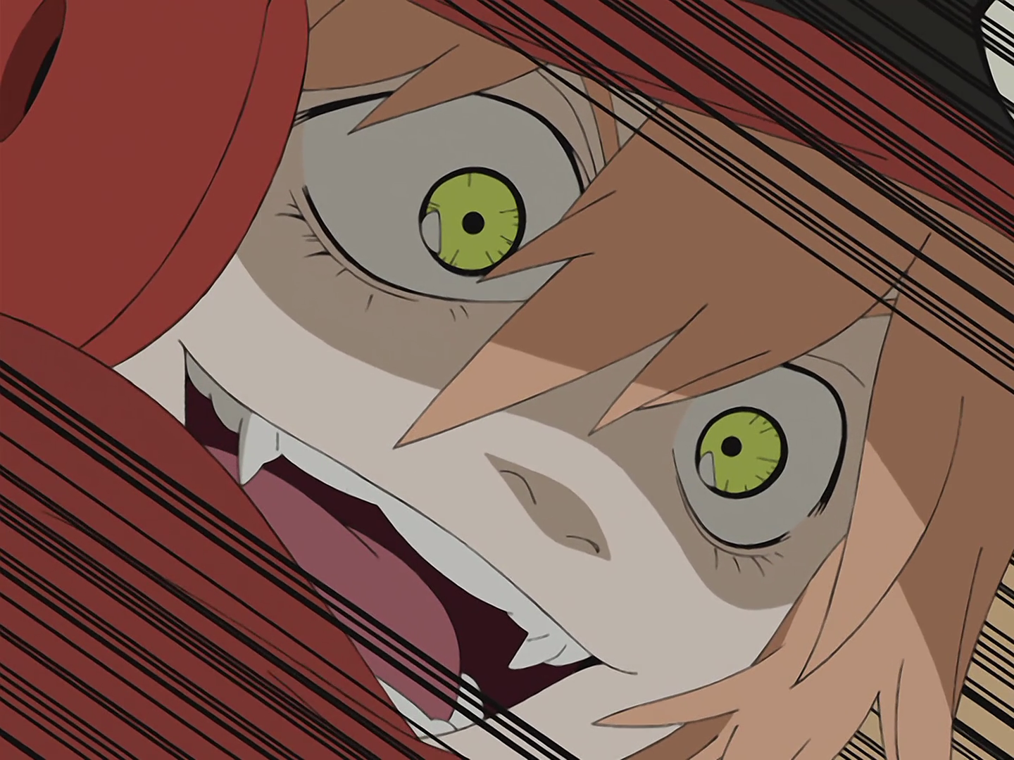 FLCL anime HD PC desktop wallpaper: extreme close-up of a manic, fang-toothed character with red-orange hair, neon-green eyes, and stark motion lines conveying intense energy.