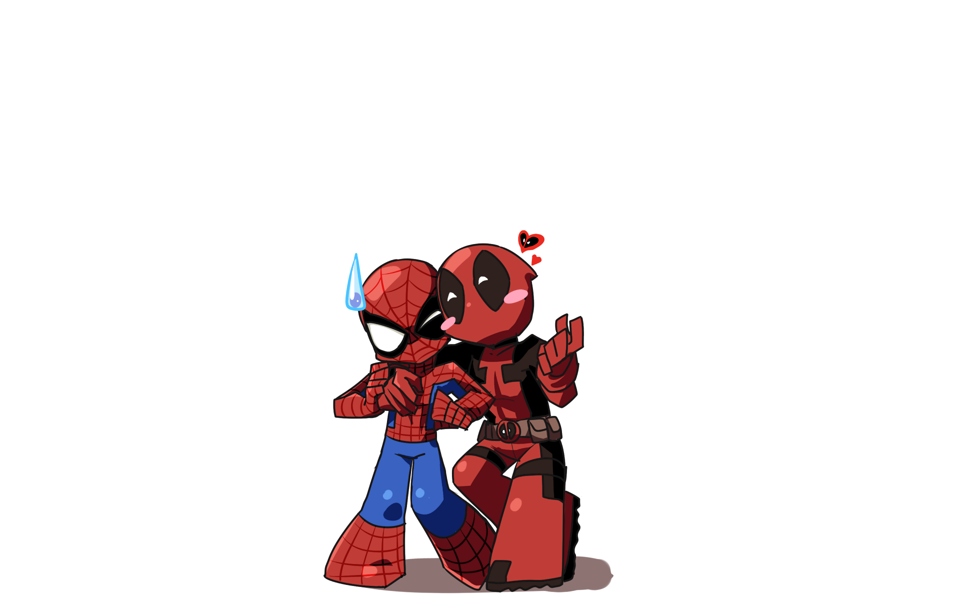 HD PC desktop wallpaper featuring chibi-style Deadpool and Spider-Man characters from comics in a playful pose.