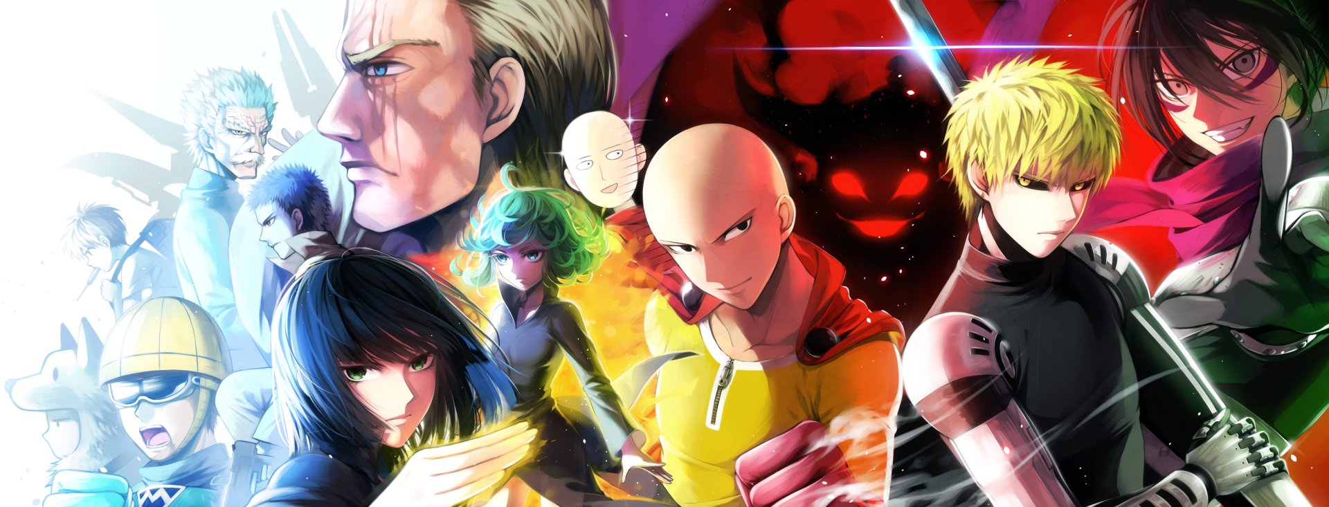 A vibrant HD wallpaper featuring iconic characters from One-Punch Man, including Saitama, Genos, Tatsumaki, and more, set against a dynamic background.