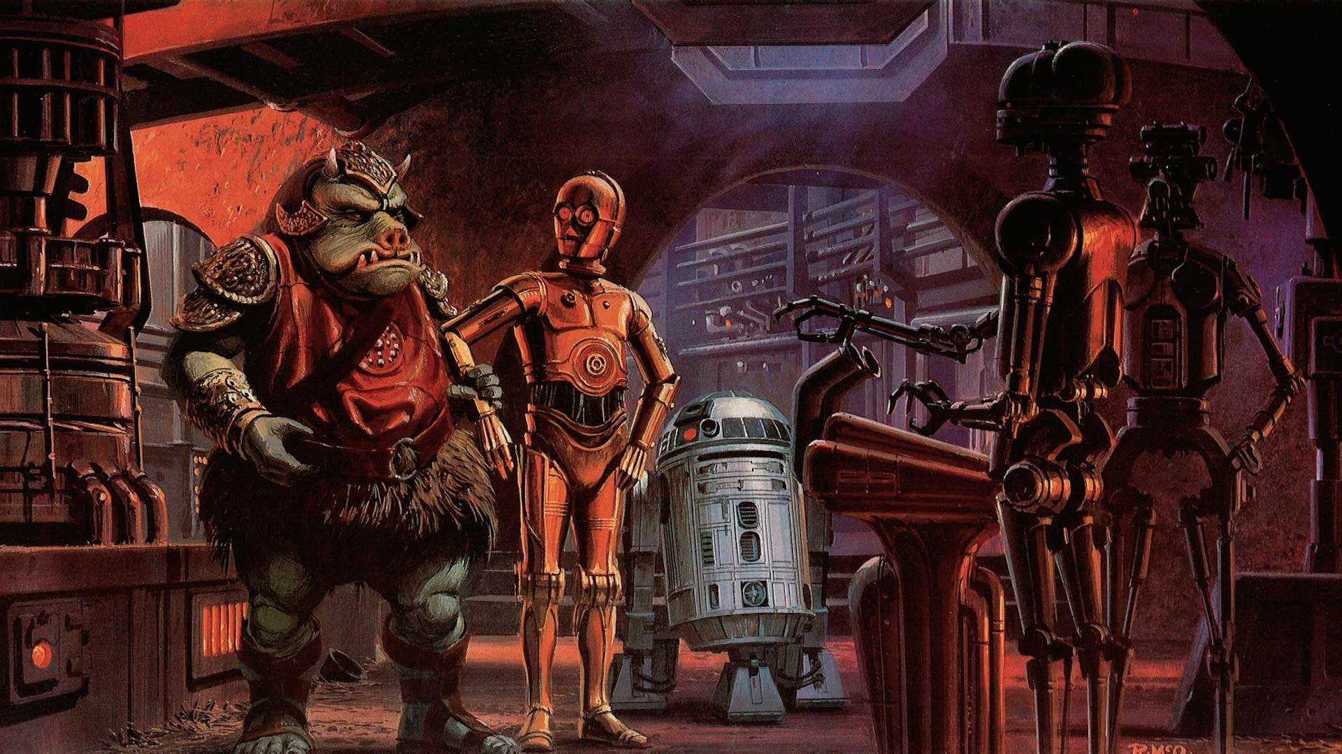 HD Sci-Fi Star Wars PC desktop wallpaper featuring R2-D2, C-3PO, and other droids inside a dimly lit cantina setting.