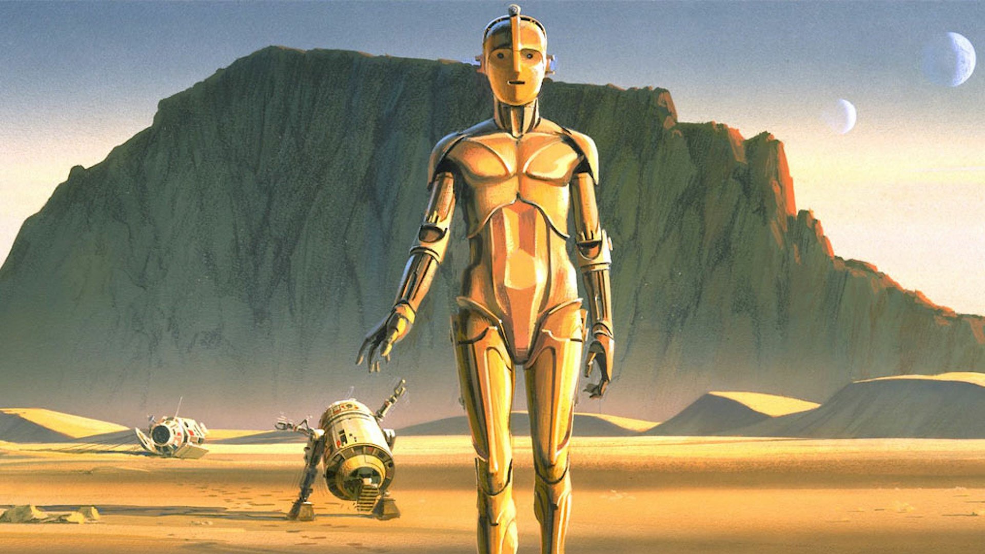HD PC desktop wallpaper featuring Star Wars sci-fi droids C-3PO and R2-D2 in a desert landscape with rocky cliffs and a distant moon.