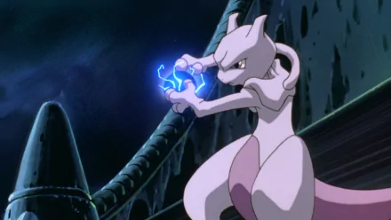HD desktop wallpaper of Mewtwo from Pokémon: The First Movie, depicted in anime style with glowing blue energy between its hands against a dark, rocky background.