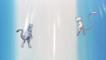 A high-definition wallpaper featuring Mewtwo and Mew from Pokémon, showcasing a dramatic moment from Pokémon: The First Movie against a vibrant blue background.