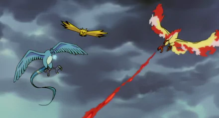 HD desktop wallpaper featuring Moltres, Zapdos, and Articuno from Pokémon: The Movie 2000. The Pokémon are shown flying in a dramatic, stormy sky with Moltres releasing a fiery attack.