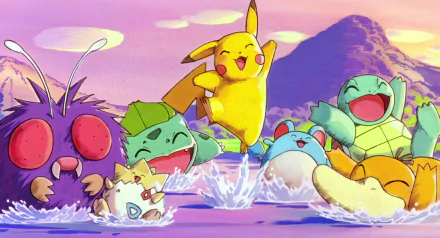 Psyduck, Squirtle, Marill, Pikachu, Bulbasaur, Togepi, and Venonat joyfully splash in a vibrant, scenic water setting. This HD anime wallpaper showcases beloved Pokémon in a playful, colorful landscape.