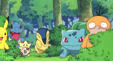 A vibrant HD wallpaper featuring Pikachu, Psyduck, Bulbasaur, Cyndaquil, Togepi, and Totodile playfully peeking through bushes in a lush anime forest setting.