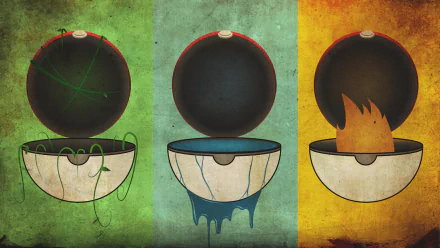 HD desktop wallpaper featuring Poké Balls with elements of Grass, Water, and Fire Pokémon against textured backgrounds, styled in Anime flair.