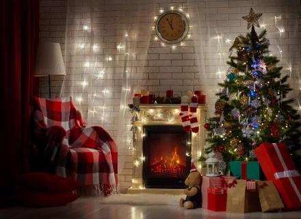A cozy room adorned for Christmas, featuring a decorated tree, colorful gifts, a warm fireplace, and twinkling lights, creating a festive holiday atmosphere.