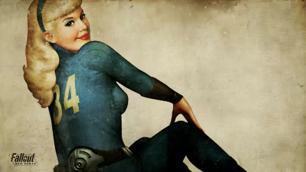 A vintage-style illustration of a woman in a blue Vault suit with the number 34 from the video game Fallout: New Vegas, set against a textured background for an HD PC wallpaper.