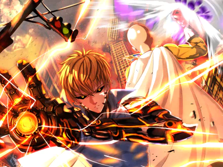 Genos from One-Punch Man in a dynamic action pose, showcasing his advanced cybernetic arm amidst a vibrant, explosive background. This HD wallpaper captures the intensity of the anime.