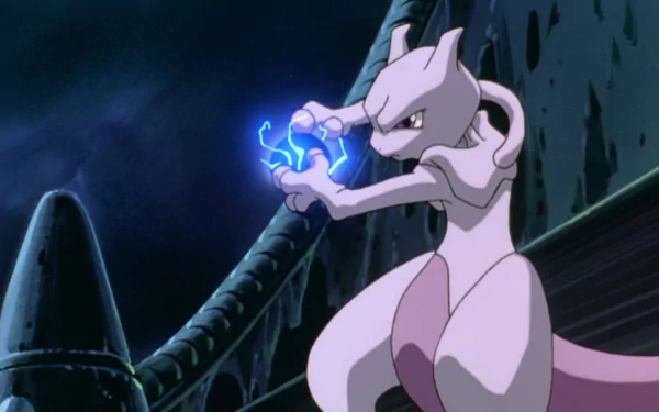 HD desktop wallpaper of Mewtwo from Pokémon: The First Movie, depicted in anime style with glowing blue energy between its hands against a dark, rocky background.