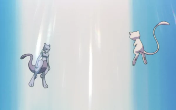 A high-definition wallpaper featuring Mewtwo and Mew from Pokémon, showcasing a dramatic moment from Pokémon: The First Movie against a vibrant blue background.