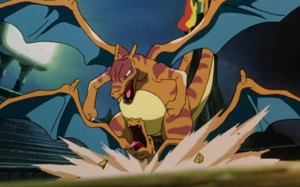 Charizard from Pokémon takes center stage in this dynamic HD desktop wallpaper, showcasing a scene from Pokémon: The First Movie with vibrant animation and action.