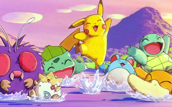 Psyduck, Squirtle, Marill, Pikachu, Bulbasaur, Togepi, and Venonat joyfully splash in a vibrant, scenic water setting. This HD anime wallpaper showcases beloved Pokémon in a playful, colorful landscape.