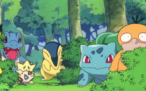 A vibrant HD wallpaper featuring Pikachu, Psyduck, Bulbasaur, Cyndaquil, Togepi, and Totodile playfully peeking through bushes in a lush anime forest setting.