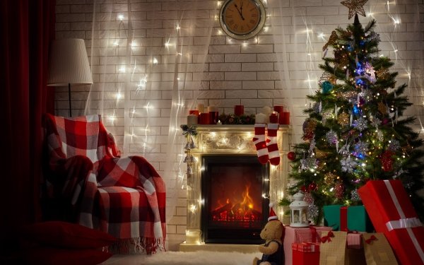 Holiday Christmas Christmas Ornaments Christmas Tree Gift Room Fireplace HD Wallpaper | Background Image