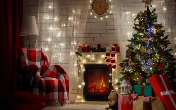 A cozy room adorned for Christmas, featuring a decorated tree, colorful gifts, a warm fireplace, and twinkling lights, creating a festive holiday atmosphere.