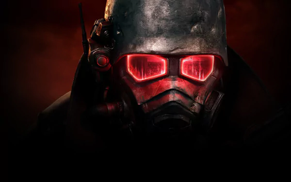 A striking HD wallpaper from Fallout: New Vegas, featuring a character in a weathered helmet with glowing red eyes, set against a dramatic dark background.