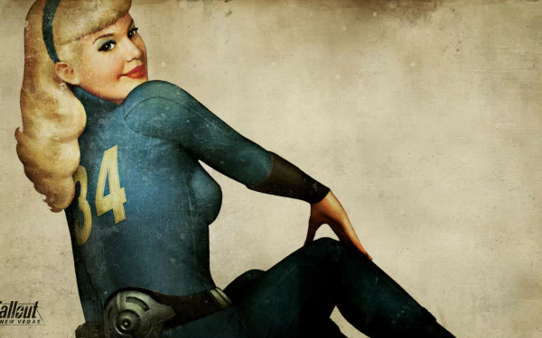 A vintage-style illustration of a woman in a blue Vault suit with the number 34 from the video game Fallout: New Vegas, set against a textured background for an HD PC wallpaper.
