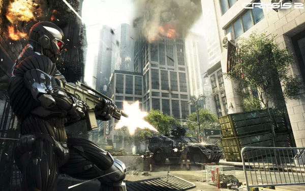 HD PC desktop wallpaper featuring intense urban combat from the video game Crysis 2, showcasing a heavily armored soldier firing amid a city under attack.