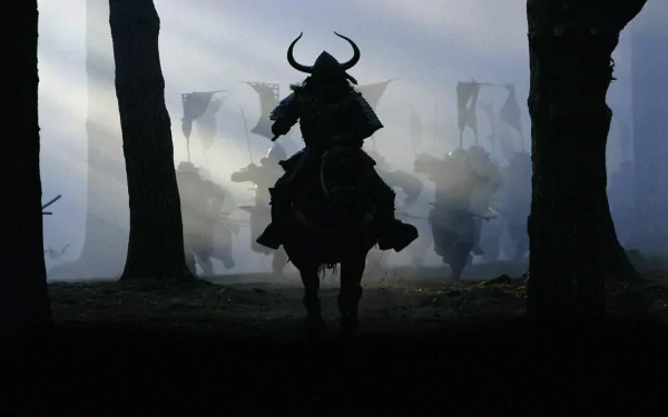 HD PC desktop wallpaper featuring a dark, misty forest scene from the movie The Last Samurai with a silhouette of a samurai warrior on horseback.