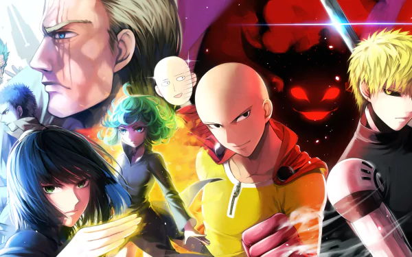 A vibrant HD wallpaper featuring iconic characters from One-Punch Man, including Saitama, Genos, Tatsumaki, and more, set against a dynamic background.