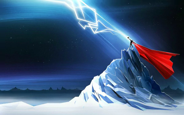 Minimalist comic-style HD desktop wallpaper featuring Thor on a mountain peak, striking his hammer to summon lightning against a cosmic blue sky backdrop.