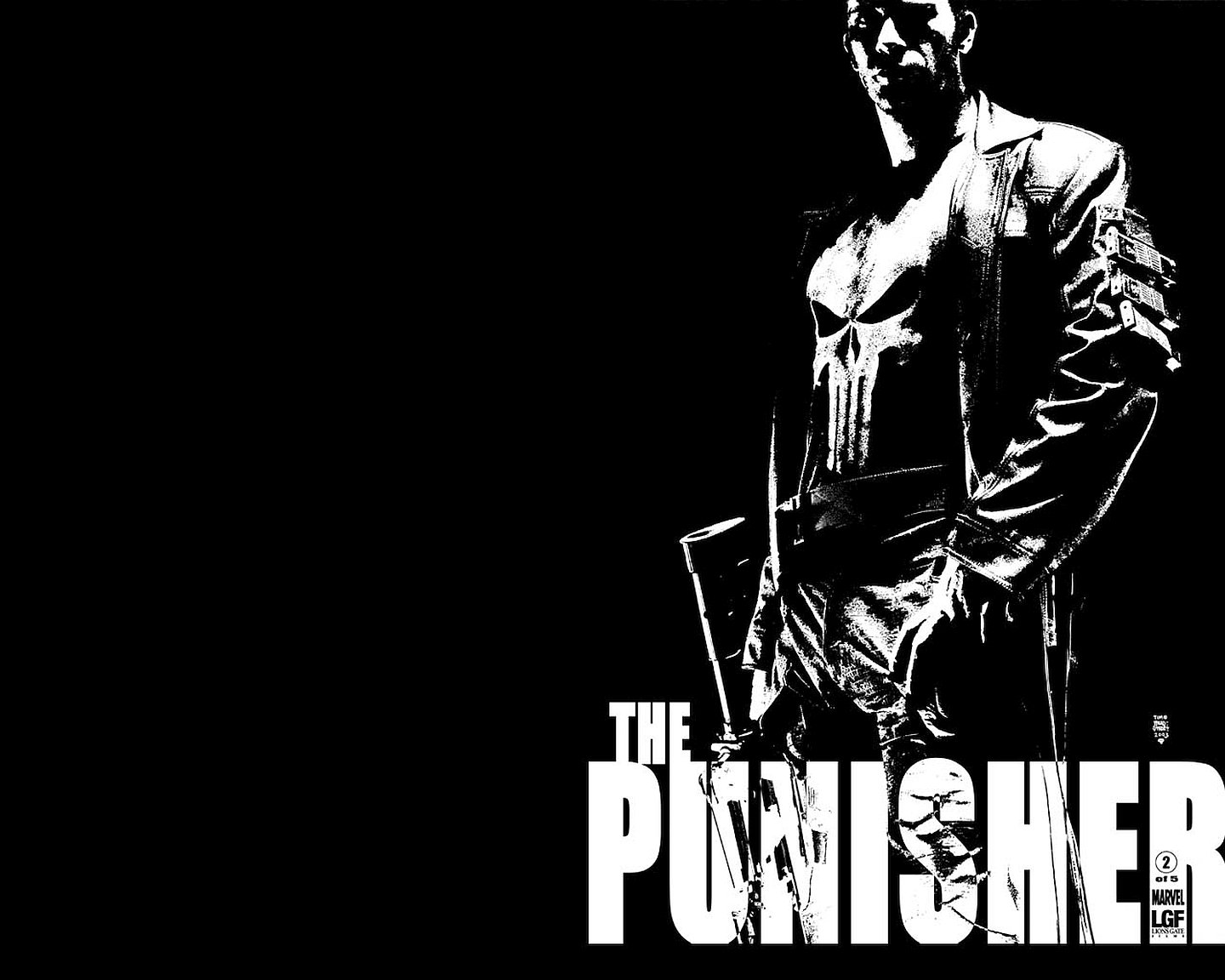 HD PC desktop wallpaper: bold black-and-white comic-style Punisher with rifle, skull emblem and The Punisher logo at the bottom.