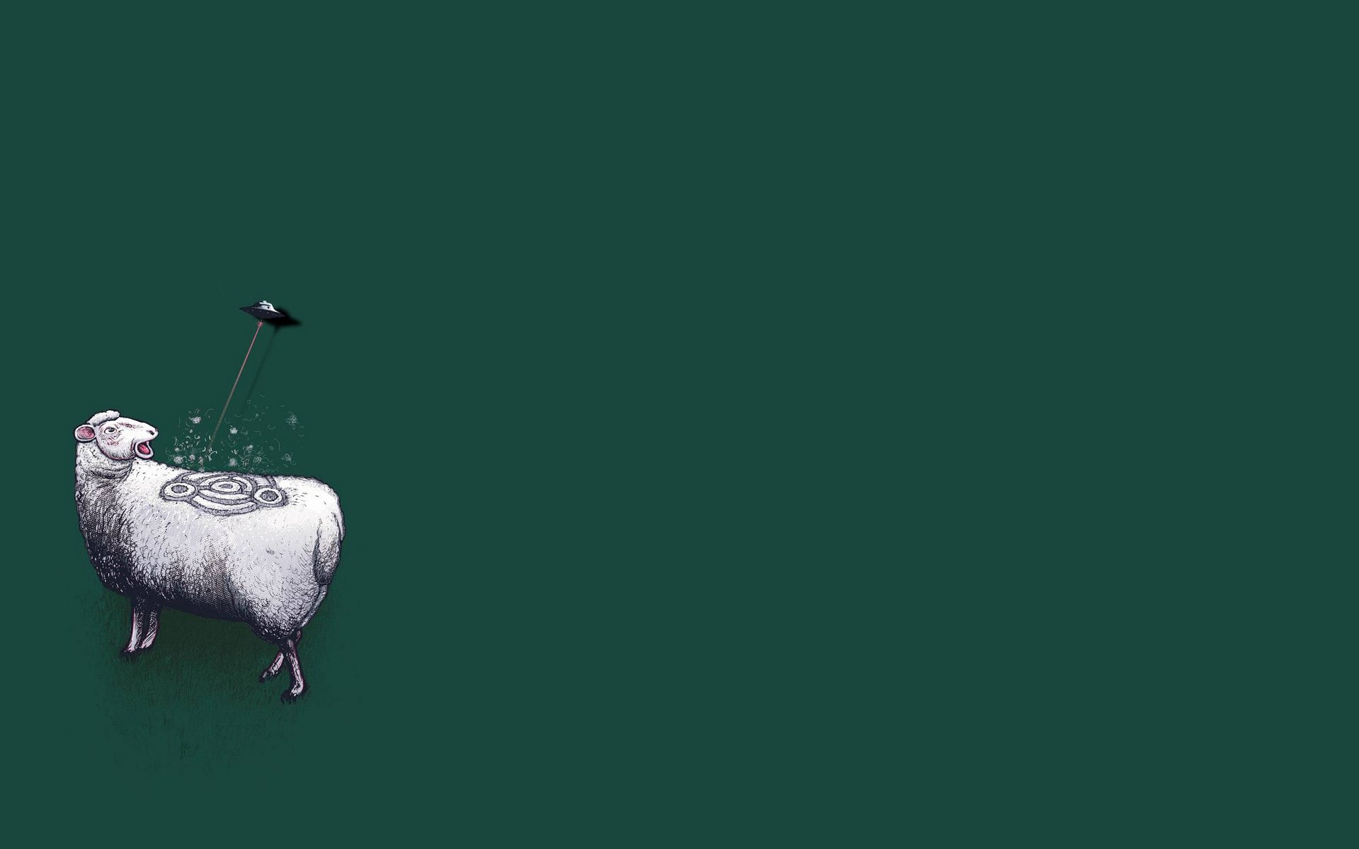 Funny minimalist HD PC desktop wallpaper featuring a sheep with mechanical gears exposed, and a bird perched on top, set against a solid dark green background.