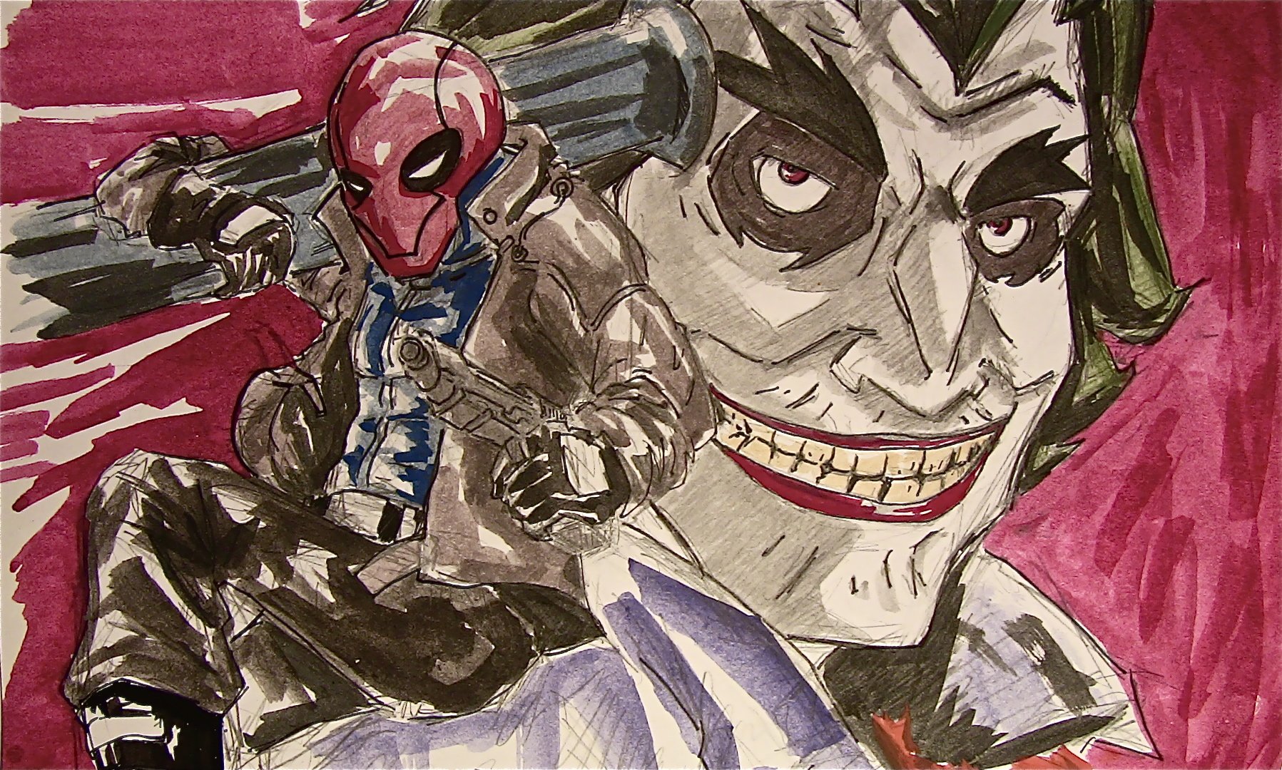 HD PC desktop wallpaper of comic-style Red Hood in mask and jacket leaping before a grinning Joker portrait on a magenta background.