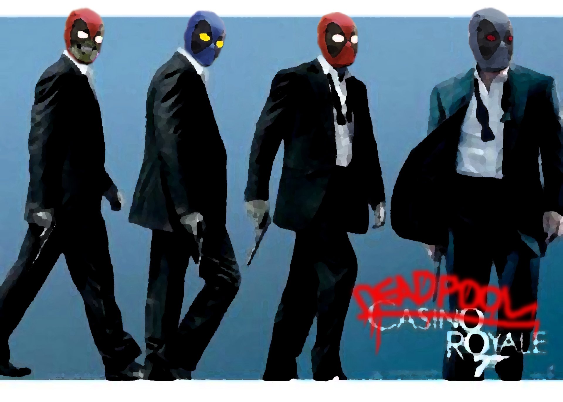 HD PC desktop wallpaper featuring four Deadpool characters in suits, inspired by comic and casino royale themes.