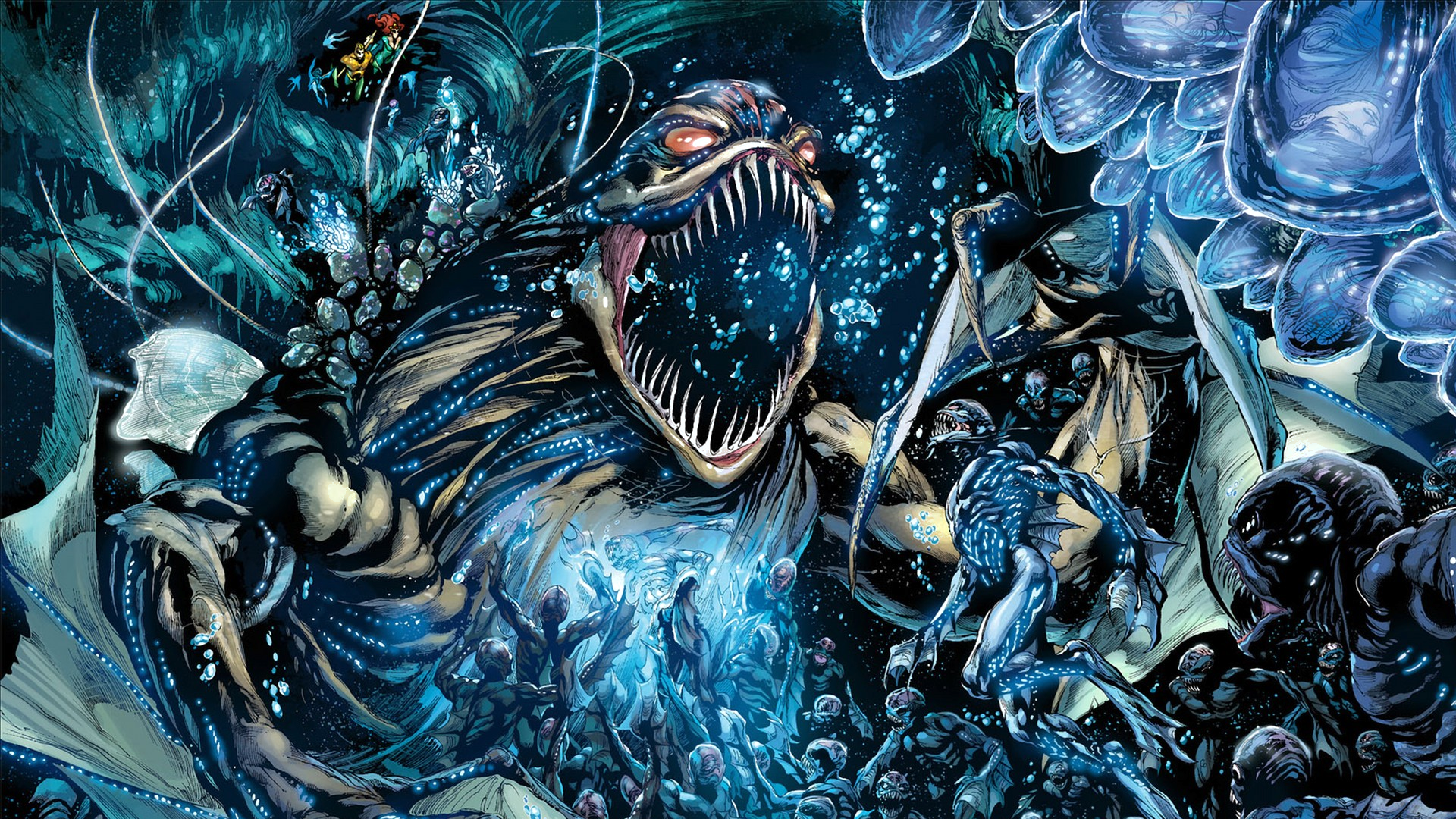 Comic Aquaman HD PC desktop wallpaper and background showing Aquaman confronting a giant fanged sea monster amid luminous, swirling underwater chaos.