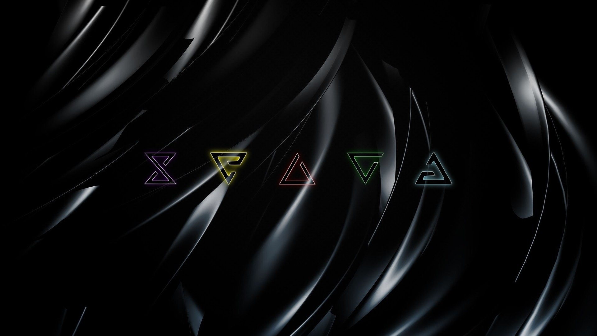 A sleek HD desktop wallpaper featuring abstract dark textures, infused with colorful geometric shapes, inspired by the video game The Witcher 3: Wild Hunt.