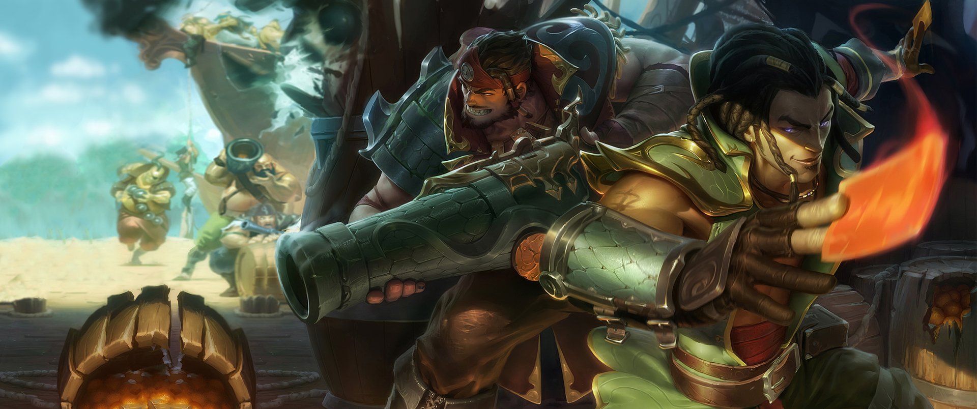 HD PC desktop wallpaper featuring pirate-themed League of Legends characters Twisted Fate and Graves in dynamic action poses from the video game.