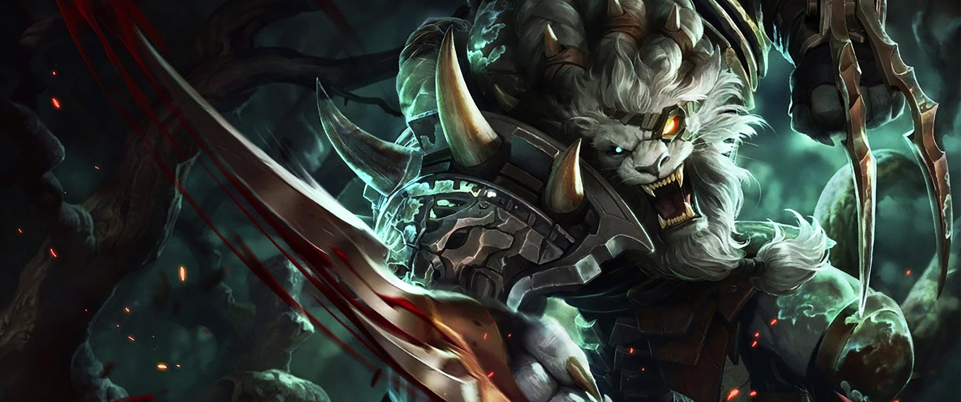 A dramatic HD wallpaper featuring Rengar from League of Legends, showcasing his fierce expression and powerful stance against a shadowy background.