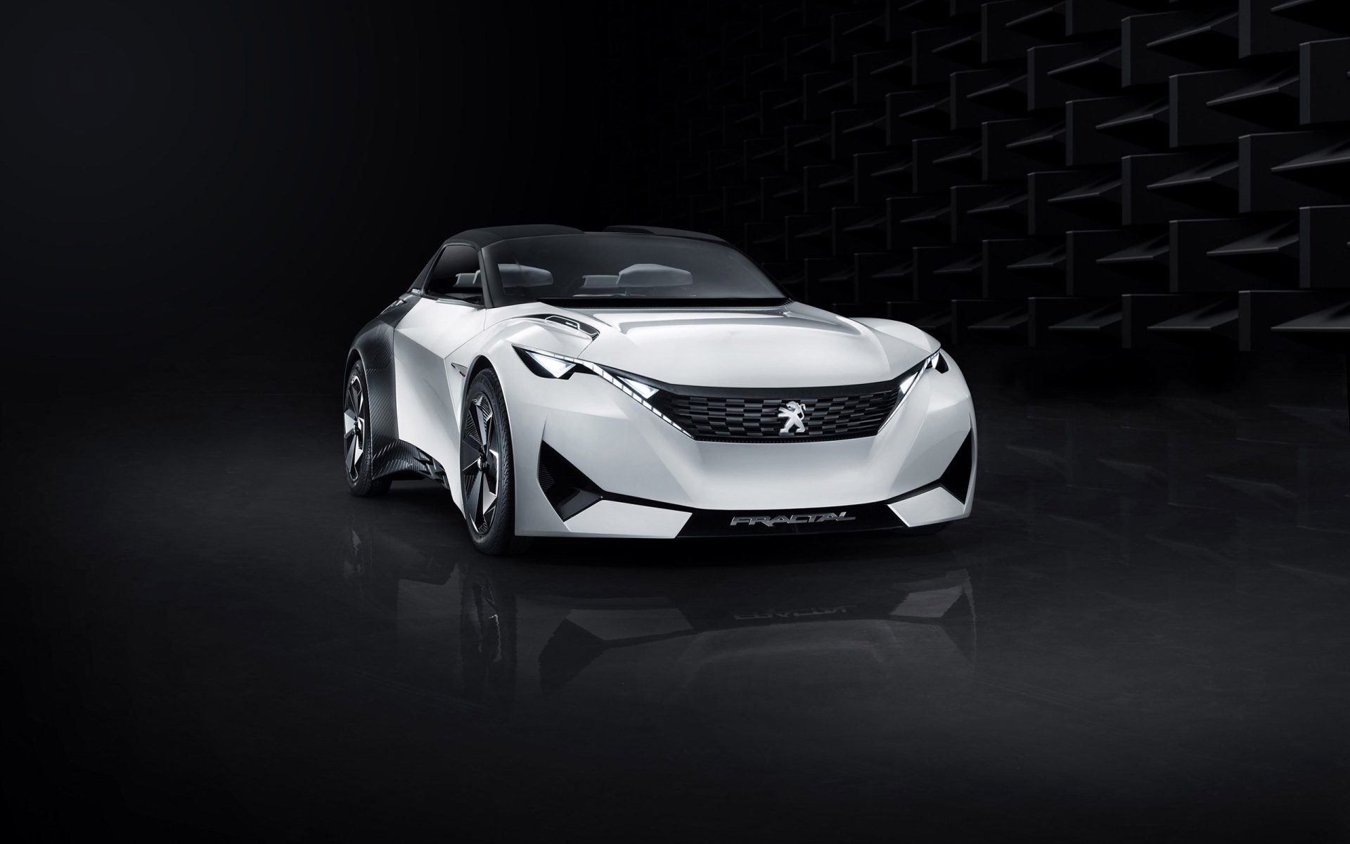 A sleek white Peugeot Fractal concept car showcased as an HD desktop wallpaper, highlighting its futuristic design against a dark geometric background.