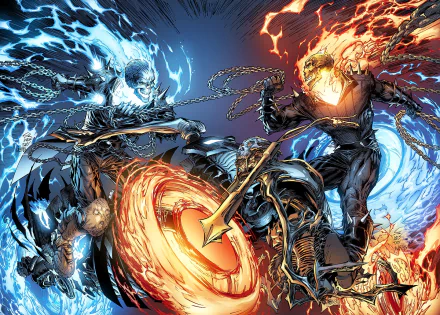 HD PC desktop wallpaper featuring dynamic comic-style Ghost Rider characters with fiery skulls, chains, and motorcycles in an intense action scene.