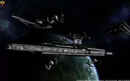 4K Ultra HD wallpaper featuring a Vindicator-class heavy cruiser Star Destroyer and starfighters from Star Wars orbiting a planet in deep space.
