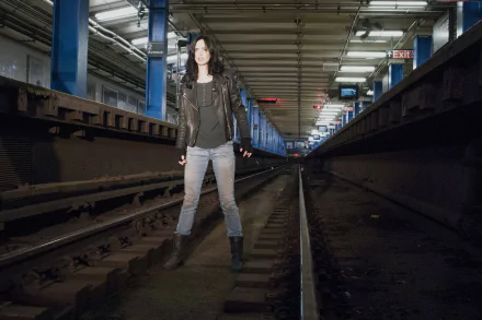 Krysten Ritter as Jessica Jones stands confidently on subway tracks in a dimly lit tunnel, captured in a 4K Ultra HD TV show wallpaper background.