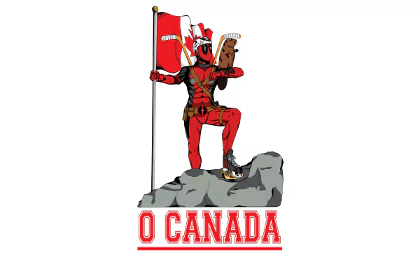 8K Ultra HD comic-style Deadpool stands triumphantly on a rock holding a Canadian flag and a maple syrup bottle, with O CANADA text below.