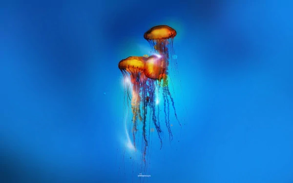 A vibrant HD desktop wallpaper featuring two colorful jellyfish gracefully floating in a serene blue background, highlighting the beauty of marine life.